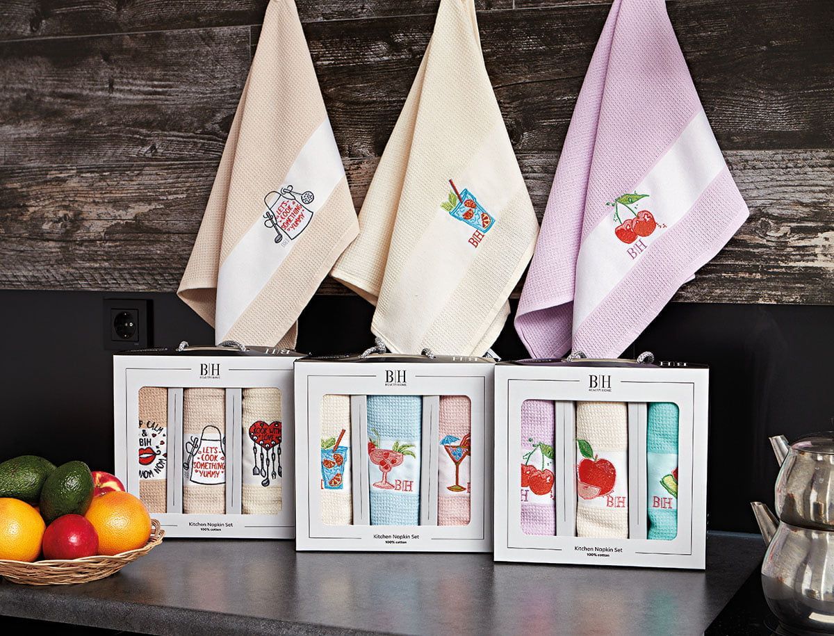 Beauty Home Ποτηρόπανα σετ 3τμχ Fruits Art 8286 40×60 Εκρού,Σιέλ,Ροζ